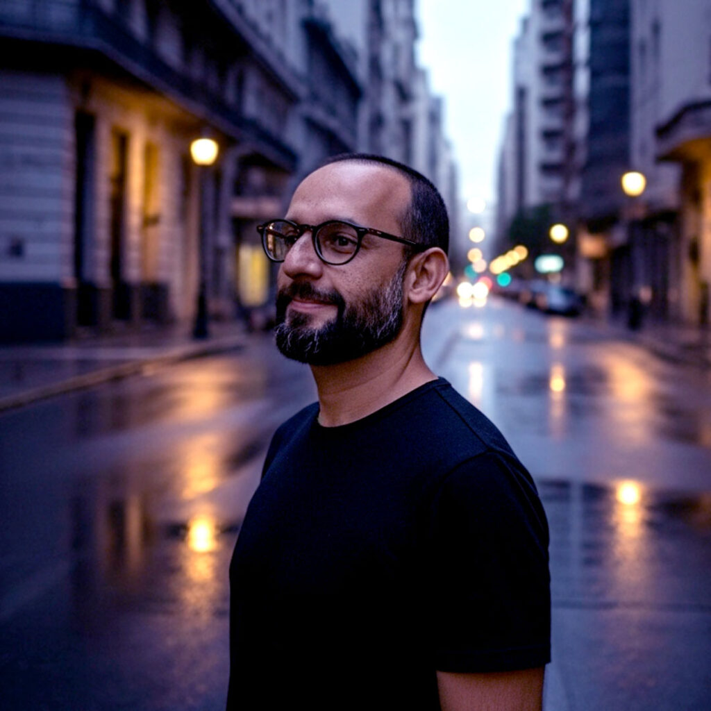 Henry andando e sorrindo na rua de uma metrópole no final de uma tarde nublado. Henry é branco, tem cabelo e barba preta, usa óculos e veste uma camiseta preta.